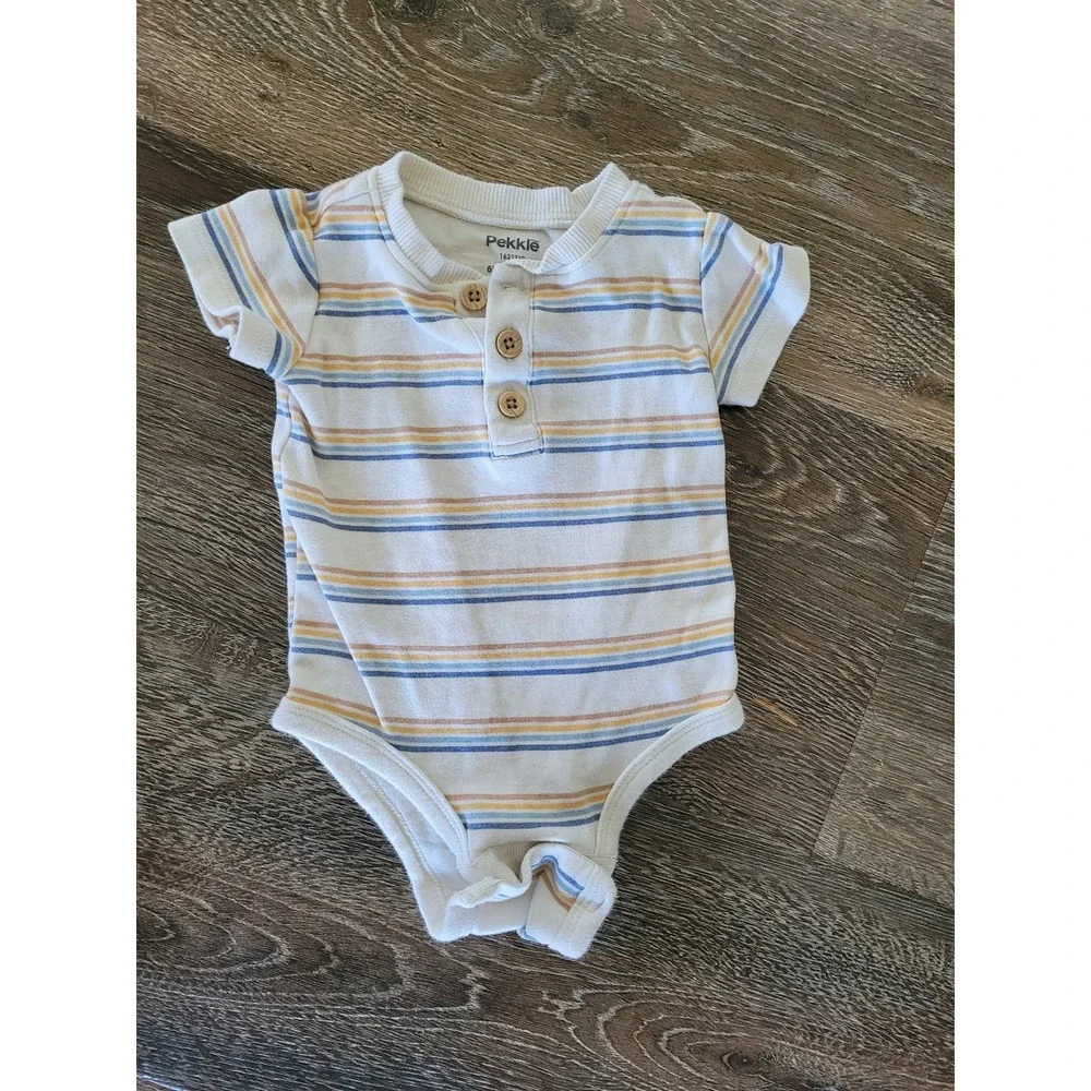Pekkle‎ Baby Boys Striped H`enley Bodysuit Short Sleeve White Blue 6 Months #9